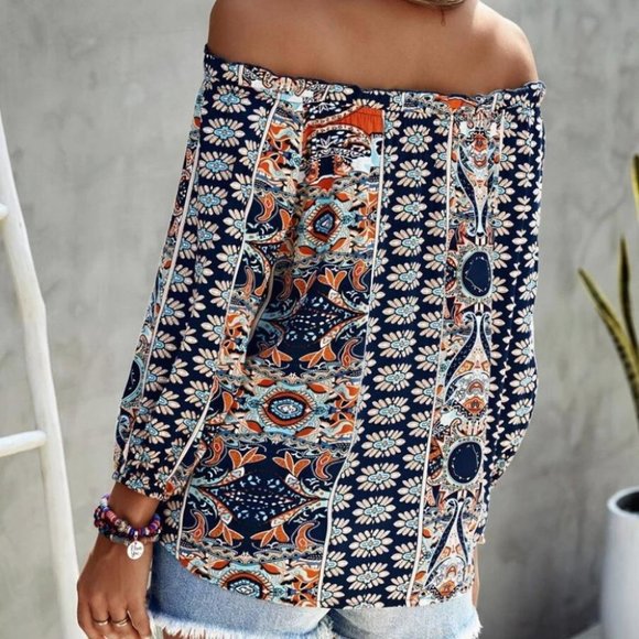 Boho Floral Print Off Shoulder Blouse multi color  blue - Picture 4 of 4